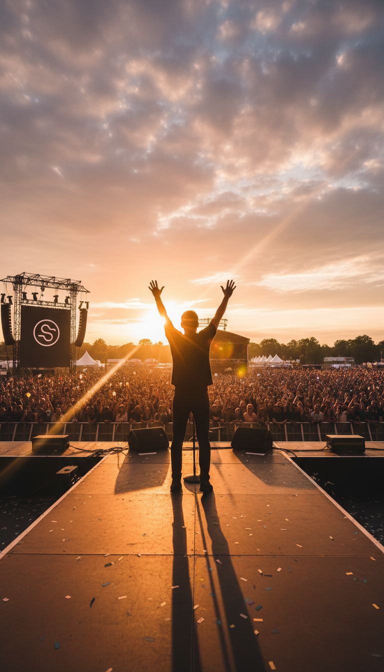 Artist on stage facing a massive crowd at sunset